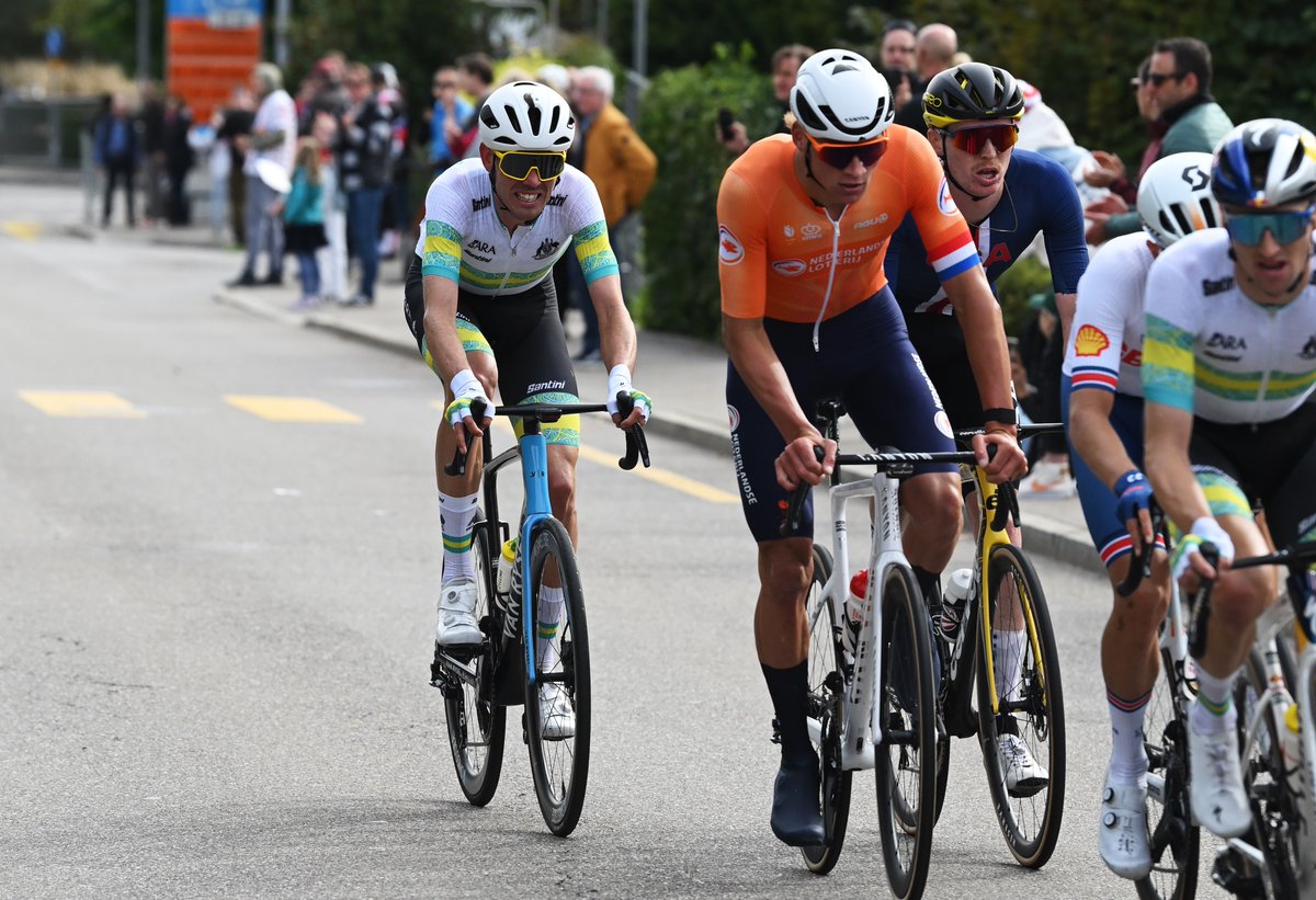 Ben O'Connor of the ARA Australian Cycling Team, Mathieu Van Der Poel of Team Netherlands and Matteo Jorgenson of Team United States compete during the 97th UCI Cycling World Championships Zurich 2024, Men's Elite Road Race a 273.9km one day race from Winterthur to Zurich on September 29, 2024 in Zurich, Switzerland. (Photo by Dario Belingheri/Getty Images)